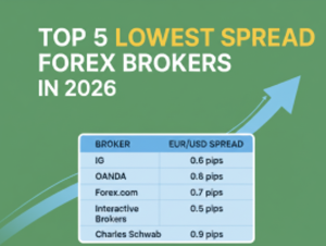 Infographic showing the top 5 lowest spread forex brokers in 2026, featuring a comparison table of EUR/USD pips for IG, OANDA, Forex.com, Interactive Brokers, and Charles Schwab on a dark financial background.