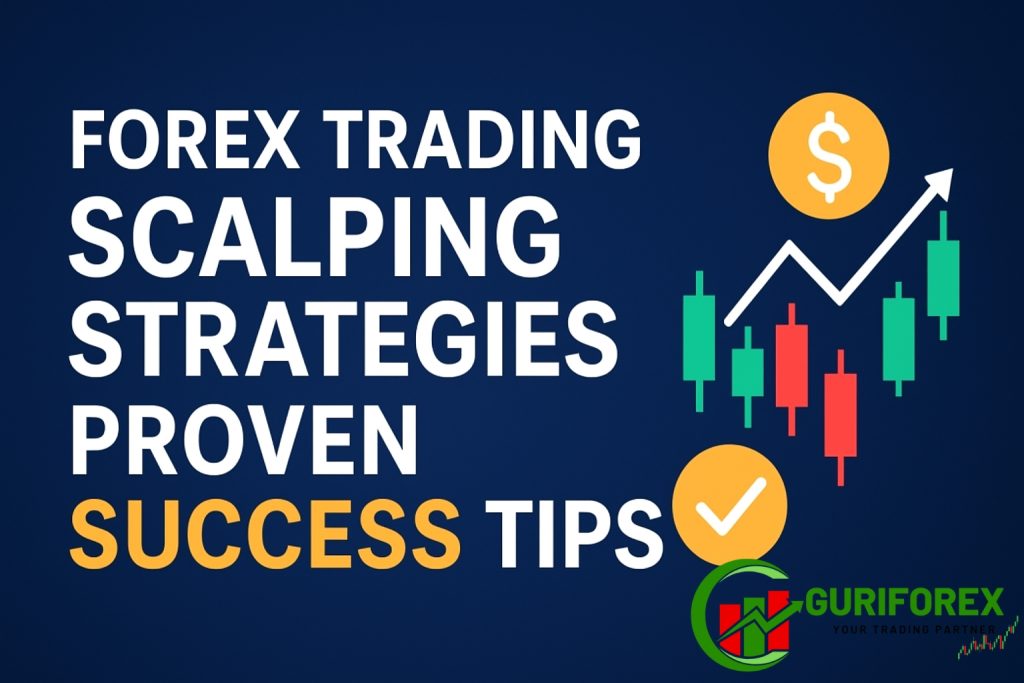 Forex Trading Scalping Strategies: Proven Success Tips written in bold text with candlestick chart, upward arrow, dollar icon, and success checkmark on a dark blue background.