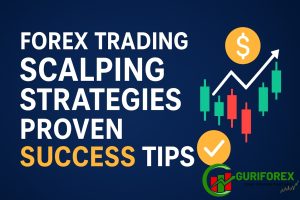 Forex Trading Scalping Strategies: Proven Success Tips written in bold text with candlestick chart, upward arrow, dollar icon, and success checkmark on a dark blue background.