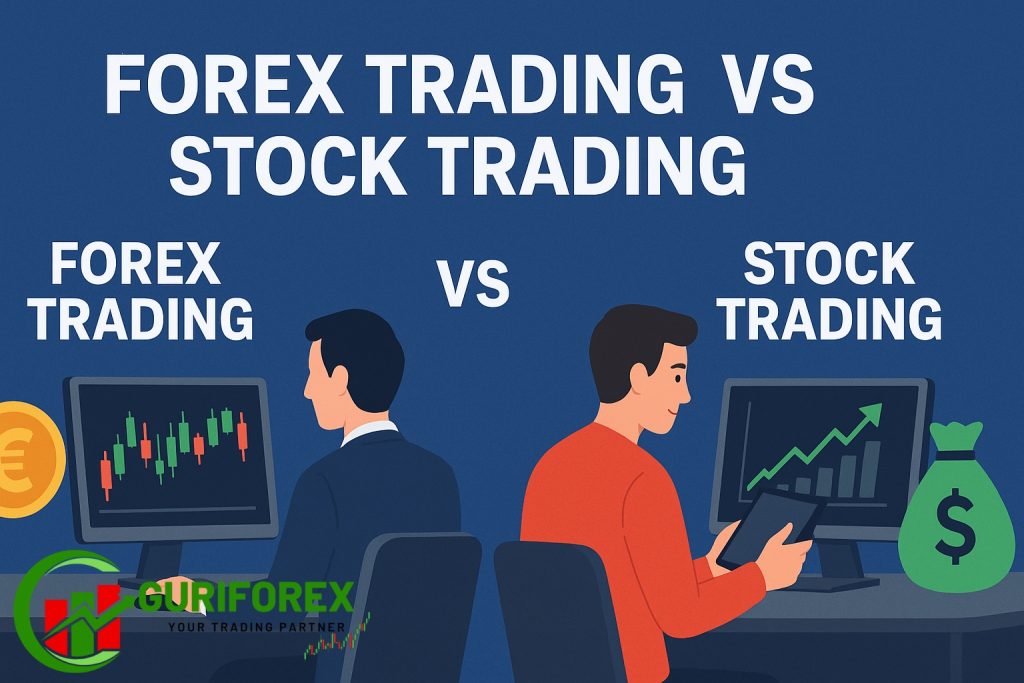 Forex trading vs stock trading comparison showing charts, currency symbols, and market analysis to highlight which is more profitable.