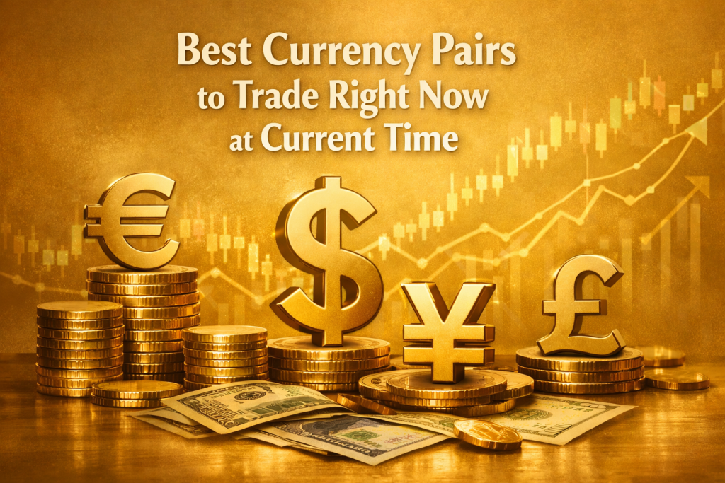 Golden background feature image showing major forex currency symbols like USD, EUR, GBP, and JPY with a subtle market chart, representing the best currency pairs to trade right now.