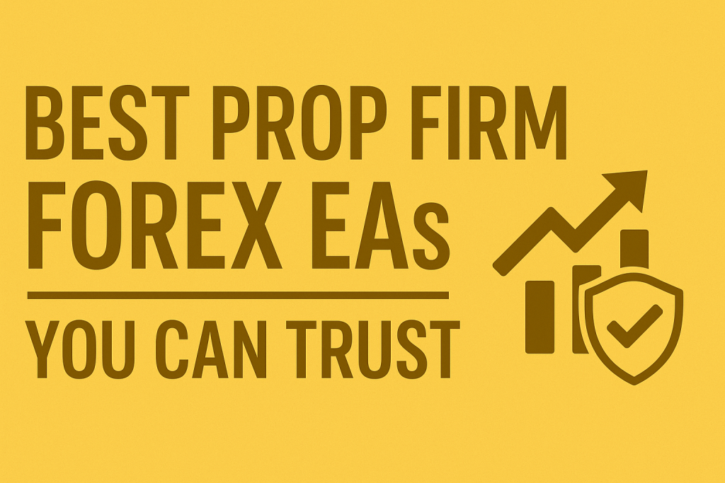 Feature image for ‘Best Prop Firm Forex EAs You Can Trust’ with golden background, showing bold text, upward trending graph, and shield icon representing secure and reliable EA-friendly prop firms.