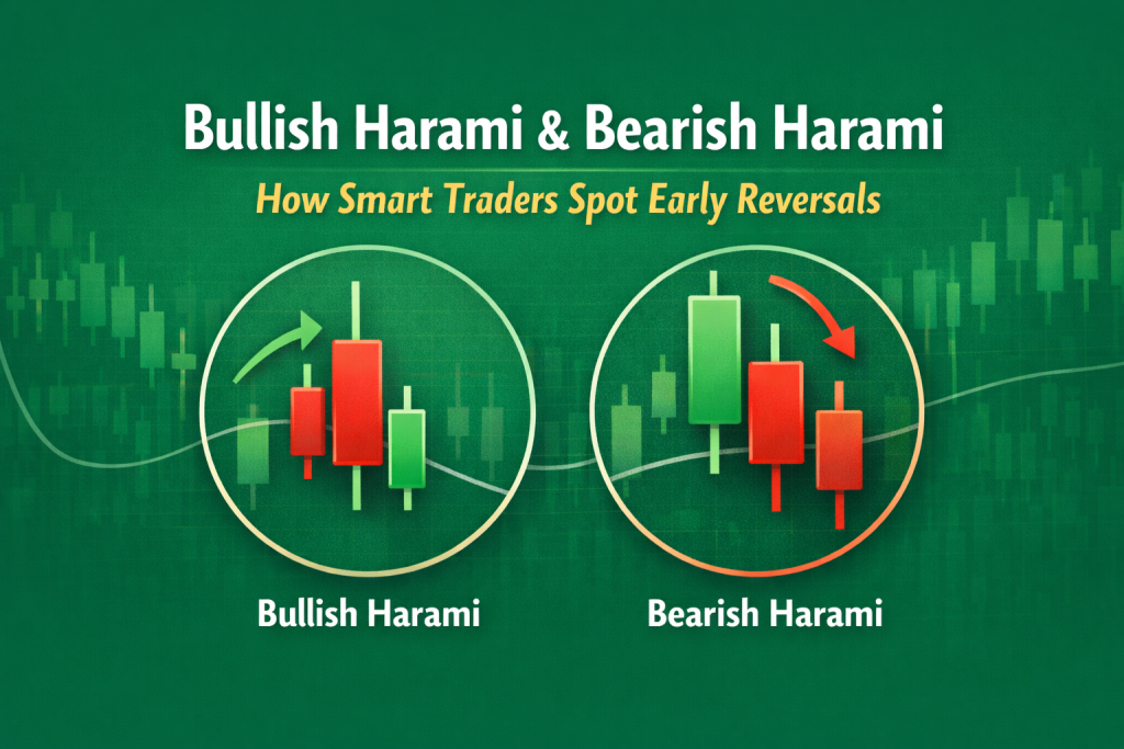 Zoomed-in candlestick chart showing Bullish Harami and Bearish Harami patterns highlighted with circular markers on a clean white background. Blog title 'Bullish Harami & Bearish Harami How Smart Traders Spot Early Reversals' displayed in green text.