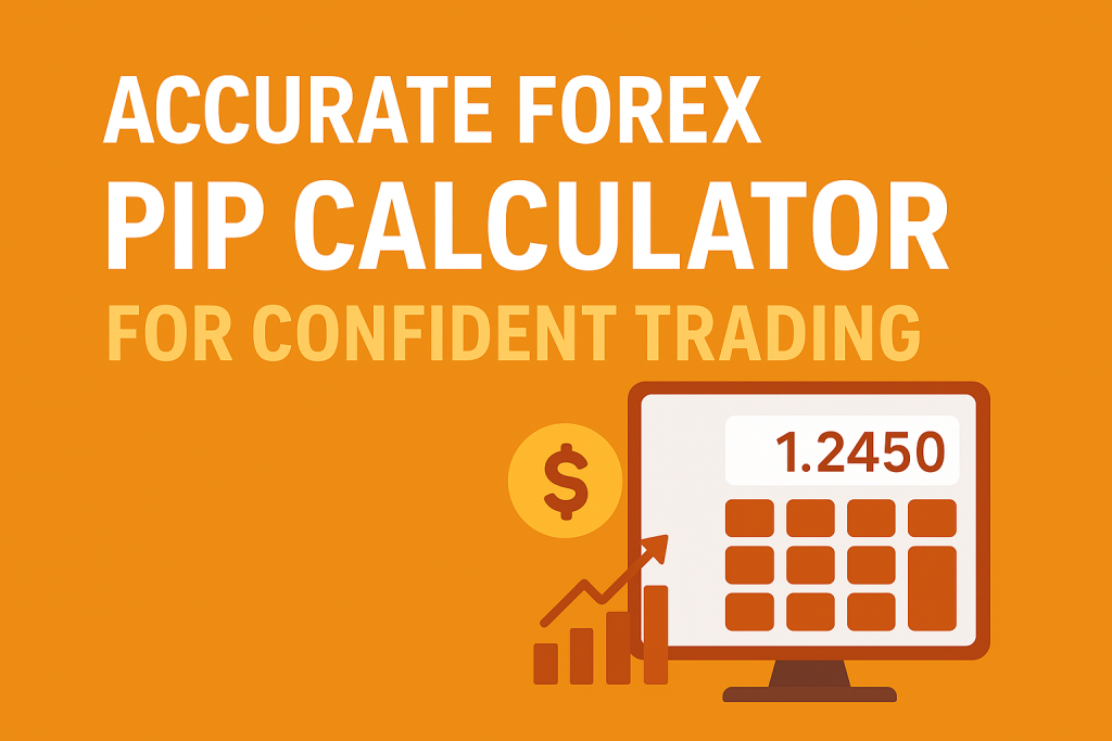 Accurate Forex Pip Calculator graphic showing pip value and trading tools in golden theme for confident forex trading.