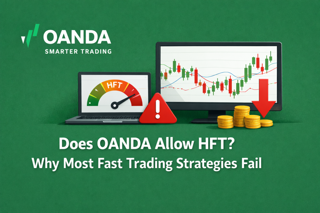 Feature image showing OANDA logo on a green background with a trading chart, HFT speed indicator, warning symbol, and downward arrow illustrating why most high-frequency trading strategies fail.