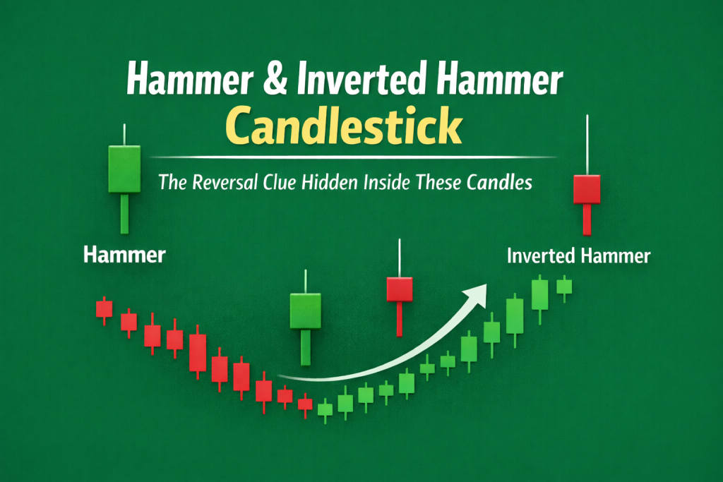 A simple, professional feature image showing a green Hammer candlestick with a long lower wick on the left and a red Inverted Hammer candlestick with a long upper wick on the right, illustrating potential market reversals on a candlestick chart with a green background.