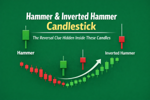 A simple, professional feature image showing a green Hammer candlestick with a long lower wick on the left and a red Inverted Hammer candlestick with a long upper wick on the right, illustrating potential market reversals on a candlestick chart with a green background.