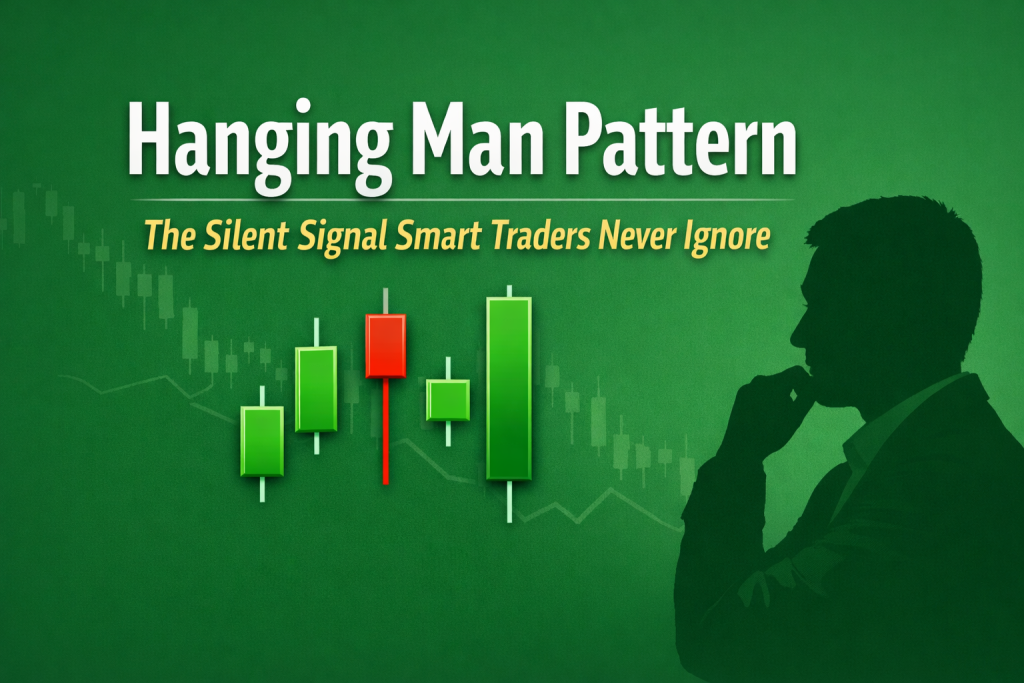 Illustration of a hanging man candlestick on a trading chart for the blog 'Hanging Man Pattern The Silent Signal Smart Traders Never Ignore' with green background.