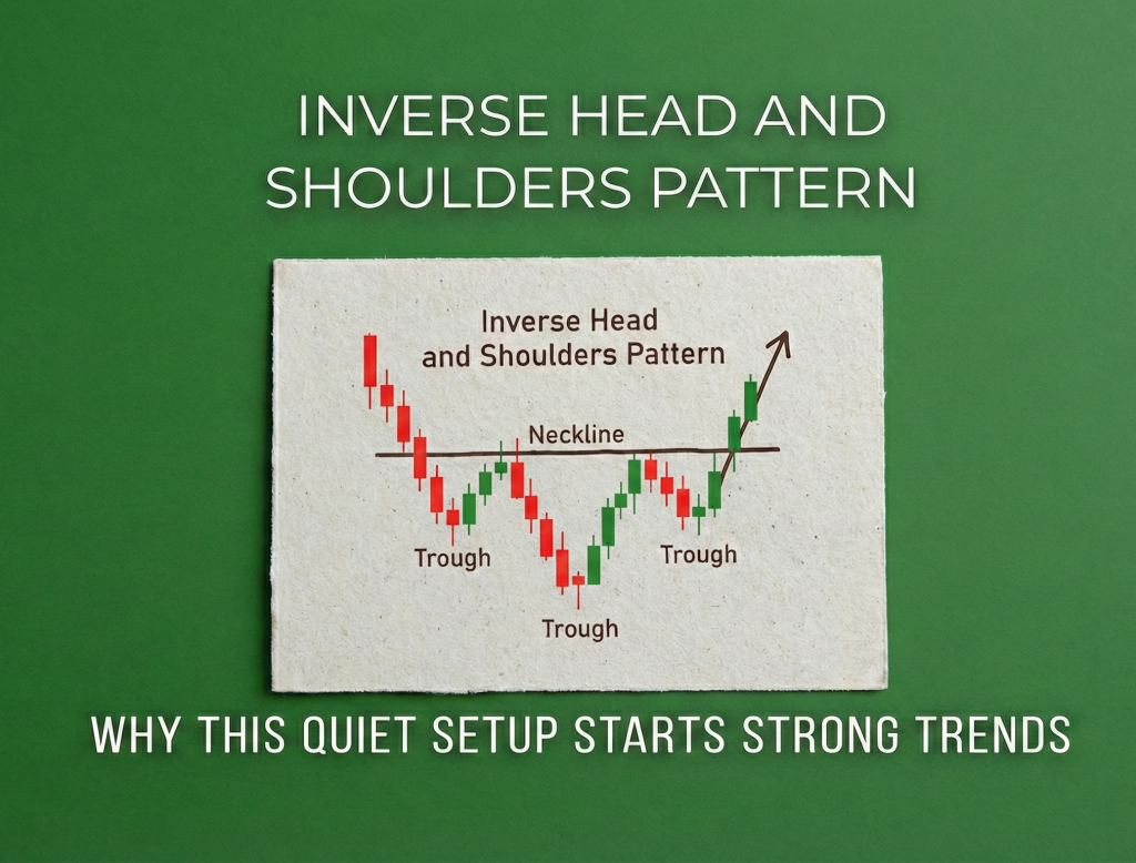 Inverse Head and Shoulders candlestick chart pattern showing a bullish reversal setup. The image features a natural green background with the title text: 'Inverse Head and Shoulders Pattern: Why This Quiet Setup Starts Strong Trends'.