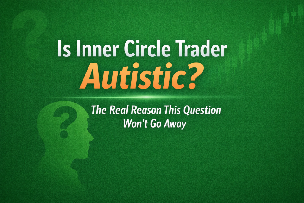 Conceptual illustration exploring the question is Inner Circle Trader autistic, showing a thoughtful silhouette with a question mark and subtle trading chart elements that reflect curiosity and analysis.
