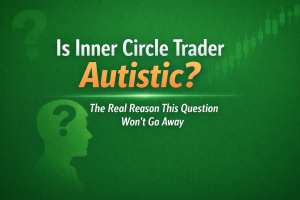 Conceptual illustration exploring the question is Inner Circle Trader autistic, showing a thoughtful silhouette with a question mark and subtle trading chart elements that reflect curiosity and analysis.