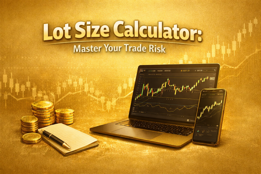Golden feature image showing a laptop and smartphone displaying forex trading charts on a clean gold background, representing a lot size calculator for mastering trade risk management.