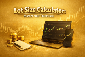 Golden feature image showing a laptop and smartphone displaying forex trading charts on a clean gold background, representing a lot size calculator for mastering trade risk management.