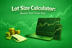Green feature image showing a laptop and smartphone displaying forex trading charts on a clean gold background, representing a lot size calculator for mastering trade risk management.