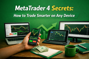 MetaTrader 4 Secrets: How to Trade Smarter on Any Device – clean feature image showing a laptop and smartphone displaying trading charts, with a green background and bold white and yellow title text.