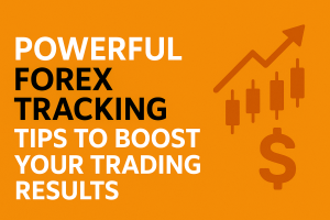 Forex tracking feature image in branding color #e98c00 with bold white and black text reading “Powerful Forex Tracking Tips to Boost Your Trading Results,” alongside trading icons like candlesticks and an upward trend arrow.
