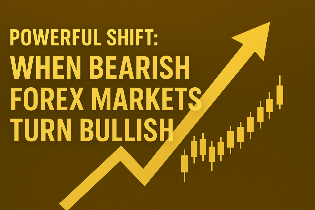 Golden forex feature image showing an upward arrow and bullish candlestick chart with the text “When Does a Bearish Market Become Bullish in Forex?” symbolizing a market reversal from bearish to bullish.