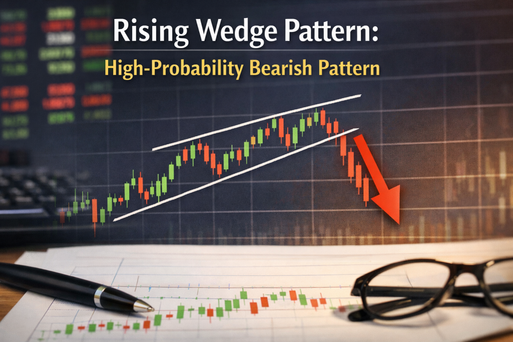 Rising wedge chart pattern showing converging upward trendlines and a bearish breakout, illustrating a high-probability bearish setup in technical analysis.