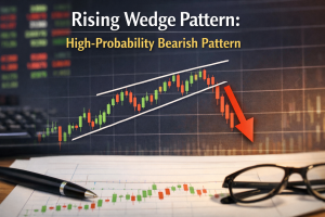 Rising wedge chart pattern showing converging upward trendlines and a bearish breakout, illustrating a high-probability bearish setup in technical analysis.