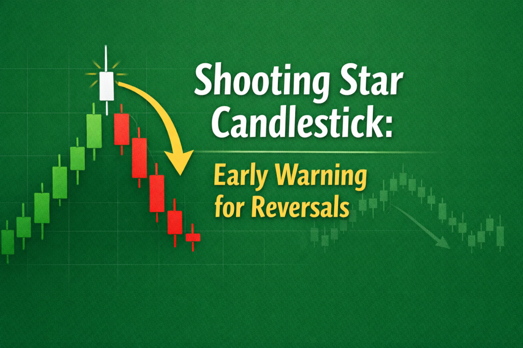 Shooting Star Candlestick chart showing bearish reversal with long upper wick on green background, highlighting early warning for trend reversals in Forex trading.