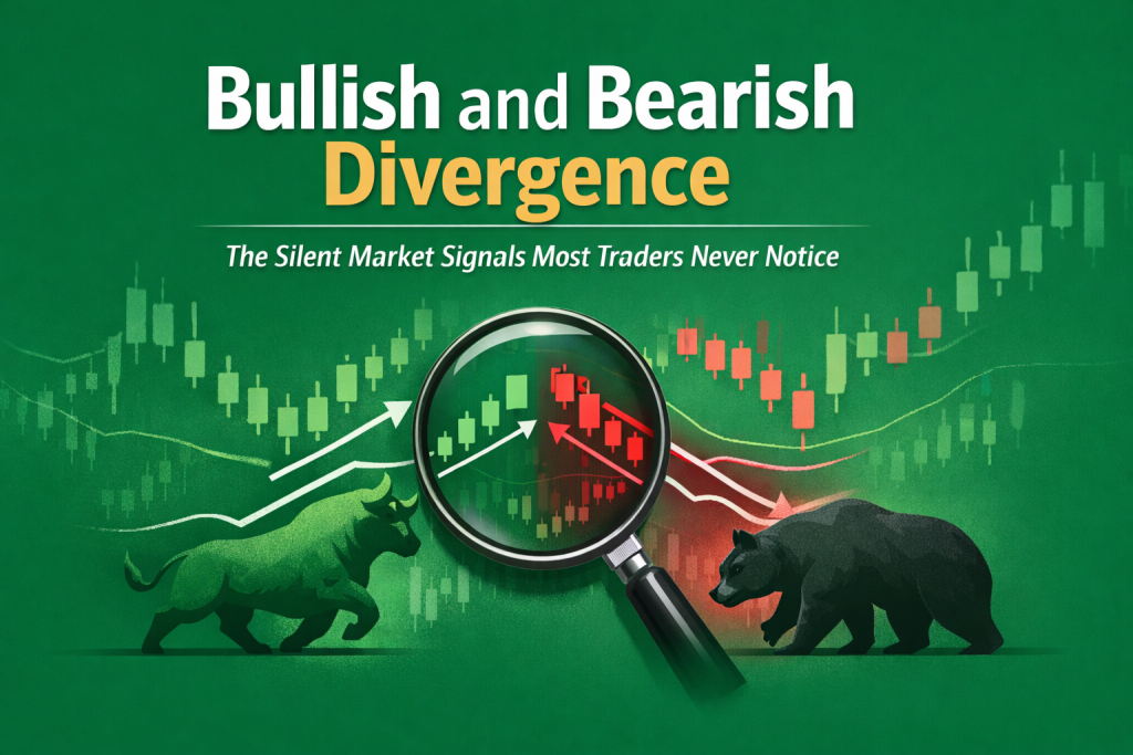 Illustration for “Bullish and Bearish Divergence: The Silent Market Signals Most Traders Never Notice” showing a green background with candlestick charts. Key bullish and bearish divergence points are highlighted, representing hidden market momentum shifts that experienced traders use to anticipate price moves.