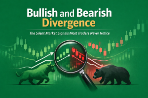 Illustration for “Bullish and Bearish Divergence: The Silent Market Signals Most Traders Never Notice” showing a green background with candlestick charts. Key bullish and bearish divergence points are highlighted, representing hidden market momentum shifts that experienced traders use to anticipate price moves.