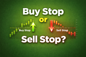 Simple trading illustration showing Buy Stop and Sell Stop orders on a green background, with an upward arrow for buy stop and a downward arrow for sell stop.