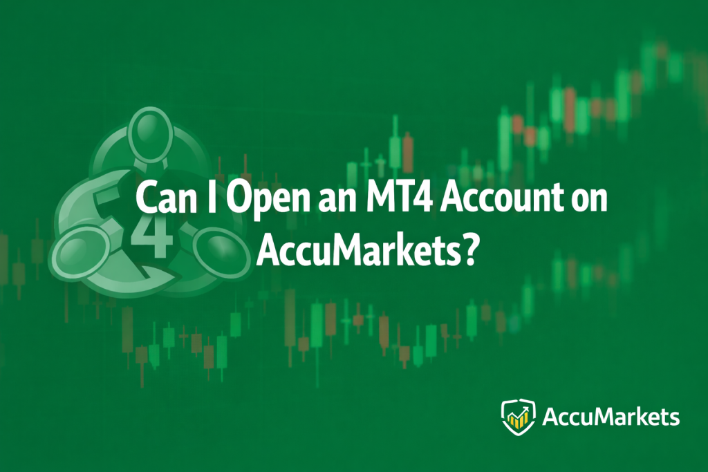 Feature image for the article 'Can I Open an MT4 Account on AccuMarkets?' showing bold white text on a green background, with a semi-transparent MT4 logo on the left, a faint candlestick chart behind the text, and the AccuMarkets logo in the lower right corner.