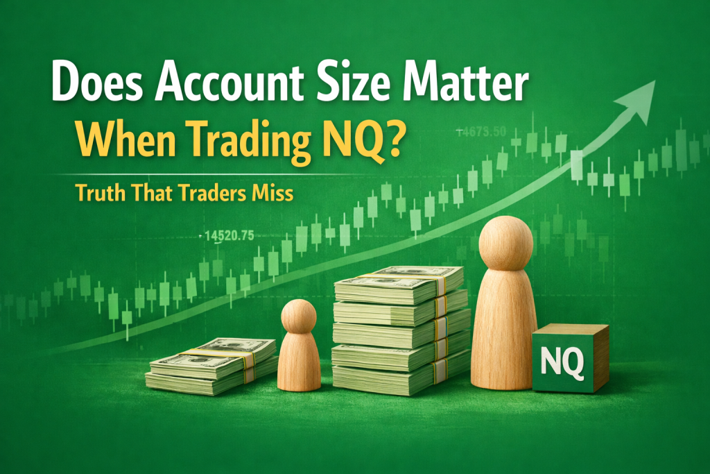 Feature image illustrating NQ futures trading with different account sizes, money stacks, and a bullish candlestick chart, revealing the truth about whether account size really matters when trading NQ.
