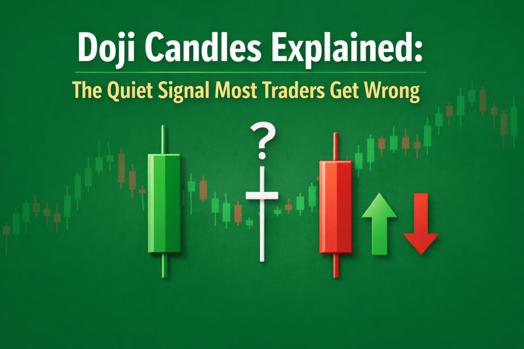 Doji Candles Explained: Green and red candlesticks with a doji in the middle, highlighting market hesitation and price balance on a green forex chart background, showing the quiet signal most traders misread.