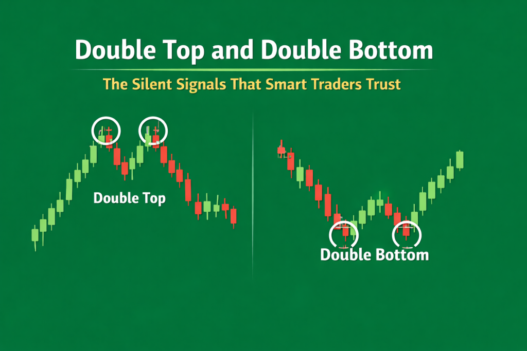 Double top and double bottom chart pattern showing two marked peaks and two marked lows, highlighting quiet market reversal signals trusted by experienced traders