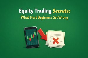 A clean and simple feature image for an article on equity trading. The background is green (#2e7d32). The title 'Equity Trading Secrets: What Most Beginners Get Wrong' is displayed at the top. At the bottom, a smartphone showing a candlestick chart points to a stack of papers with a red X, representing common beginner mistakes. The design is minimal, professional, and easy to read.