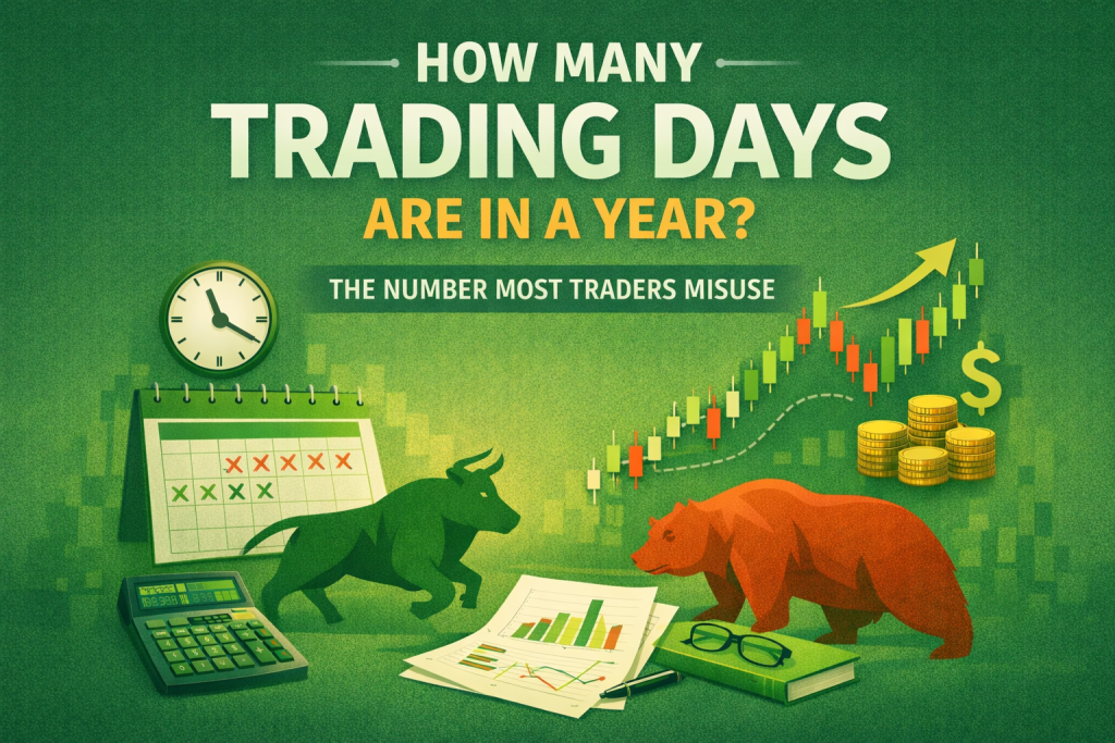 Simple green-themed illustration showing a calendar and stock chart representing how many trading days are in a year and why traders often miscalculate them.