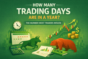 Simple green-themed illustration showing a calendar and stock chart representing how many trading days are in a year and why traders often miscalculate them.