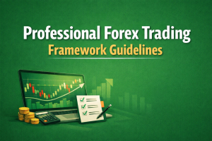 Professional Forex Trading Framework Guidelines title on a clean green background, featuring a laptop with a candlestick chart, a checklist, and coins, representing a simple and structured trading setup.