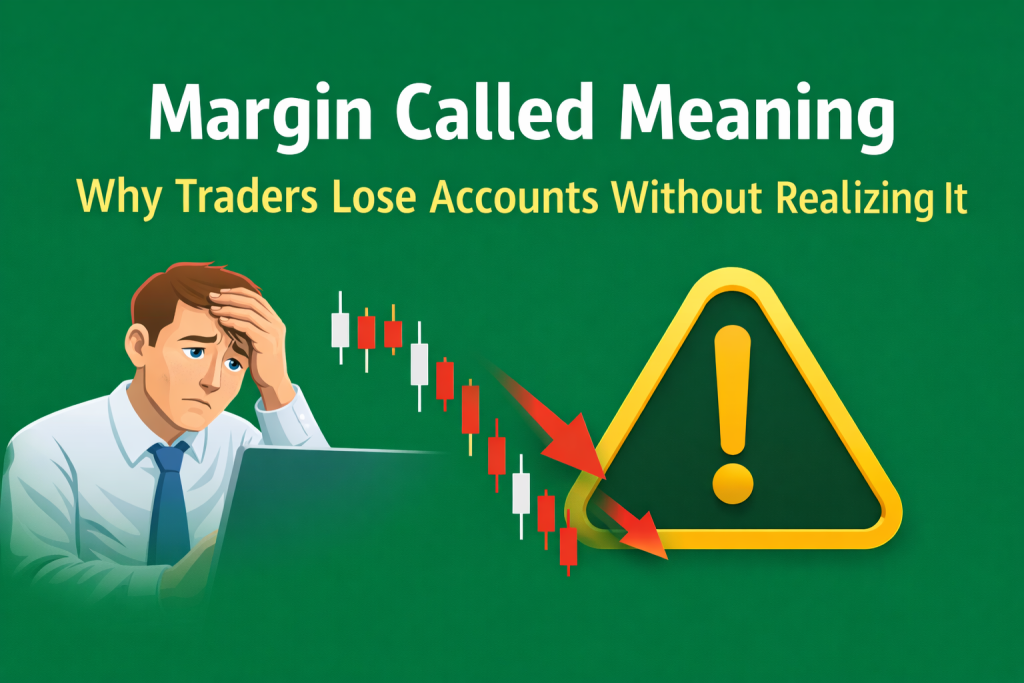 A worried trader looks at a falling red candlestick chart on his laptop, with a yellow warning sign highlighting a margin call risk, illustrating why traders lose accounts without realizing it. Background is green.