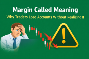 A worried trader looks at a falling red candlestick chart on his laptop, with a yellow warning sign highlighting a margin call risk, illustrating why traders lose accounts without realizing it. Background is green.