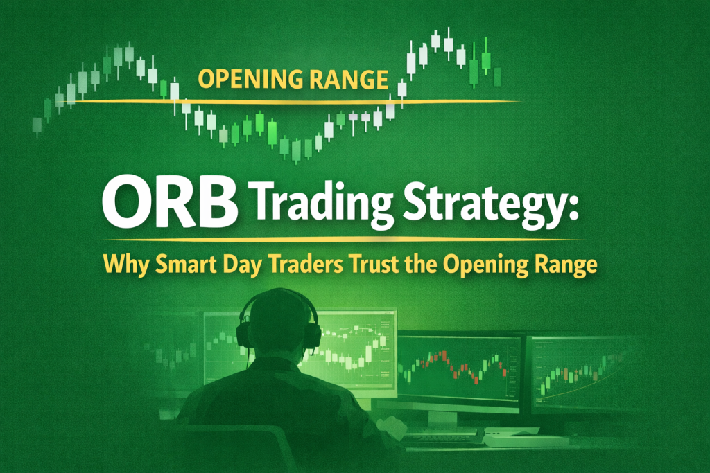 ORB Trading Strategy feature image showing a trader analyzing candlestick charts with the opening range highlighted, symbolizing why smart day traders trust the opening range, on a green background.