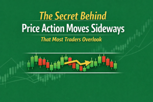 Feature image for 'The Secret Behind Price Action Moves Sideways That Most Traders Overlook' showing a sideways candlestick chart on a green background with a yellow zigzag arrow highlighting the range, illustrating sideways price action in trading.
