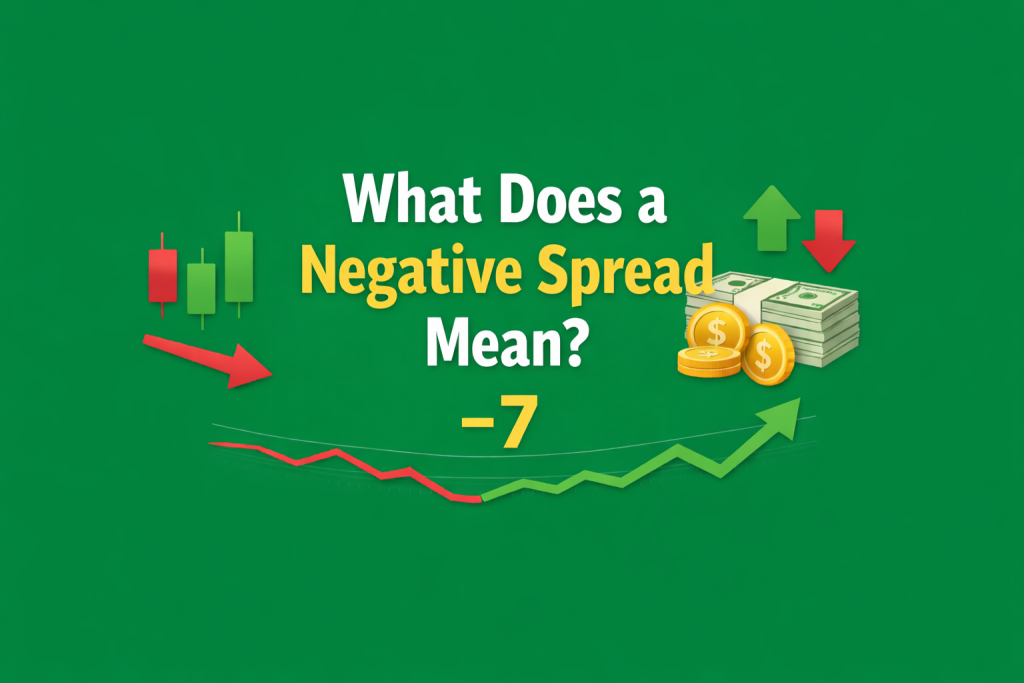 Feature image for a trading article showing the title 'What Does a Negative Spread Mean?' with -7 below it on a green background that show negative spread. Includes subtle candlestick charts, red and green arrows, and stacks of coins and dollar bills, representing forex market trends and negative spread concept.