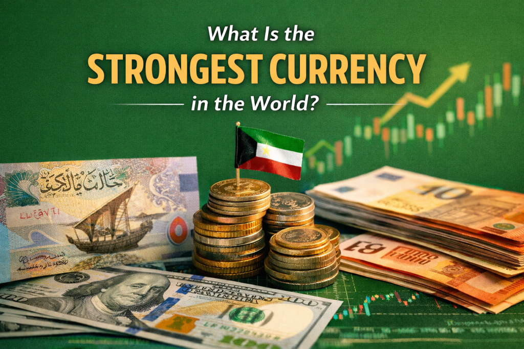 What is the strongest currency in the world feature image showing Kuwaiti Dinar, US Dollar, and Euro notes with stacked coins and an upward chart on a green background