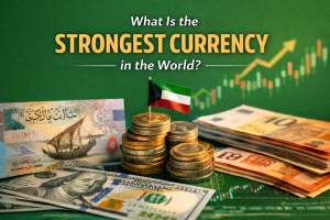 What is the strongest currency in the world feature image showing Kuwaiti Dinar, US Dollar, and Euro notes with stacked coins and an upward chart on a green background