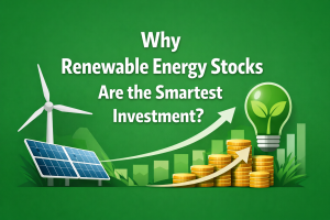 Feature image for article 'Why Renewable Energy Stocks Are the Smartest Investment?' showing solar panels, a wind turbine, and a green light bulb with plant growth alongside stacked coins and an upward-trending chart on a green background, symbolizing clean energy and investment growth.