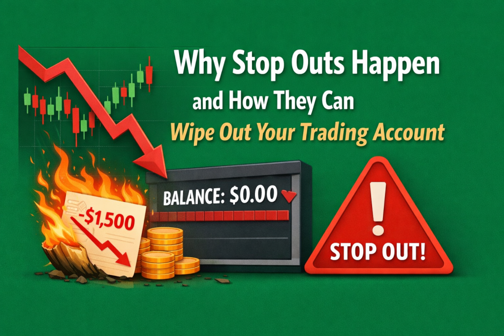 Feature image for 'Why Stop Outs Happen and How They Can Wipe Out Your Trading Account' showing a green background, a downward-trending candlestick chart, a red warning triangle labeled 'STOP OUT', and a burning document with a $1,500 loss representing a stop out in trading.