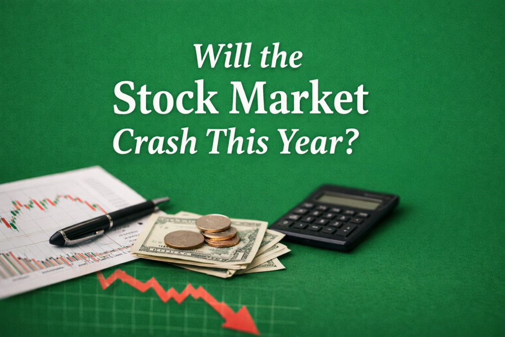 Feature image for the article 'Will the Stock Market Crash This Year?' showing a stock chart with a downward trend, a pen, a stack of US dollar bills with coins, and a calculator on a green (#2e7d32) background, emphasizing market analysis and financial risk.
