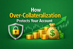 Over-Collateralized trading account illustration with shield, padlock, coins, money bag, and rising arrow on green background showing how O/C protects traders from risk