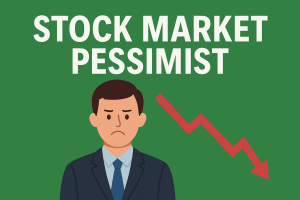 Illustration of a stock market pessimist: a worried investor in a suit with a red downward arrow, symbolizing market decline, on a green background with the text 'Stock Market Pessimist'.