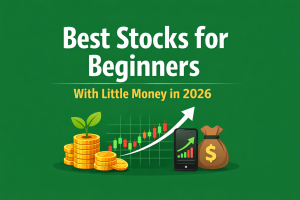 Feature image showing best stocks for beginners with little money in 2026, including growth chart, coins, and investing symbols on a green background.