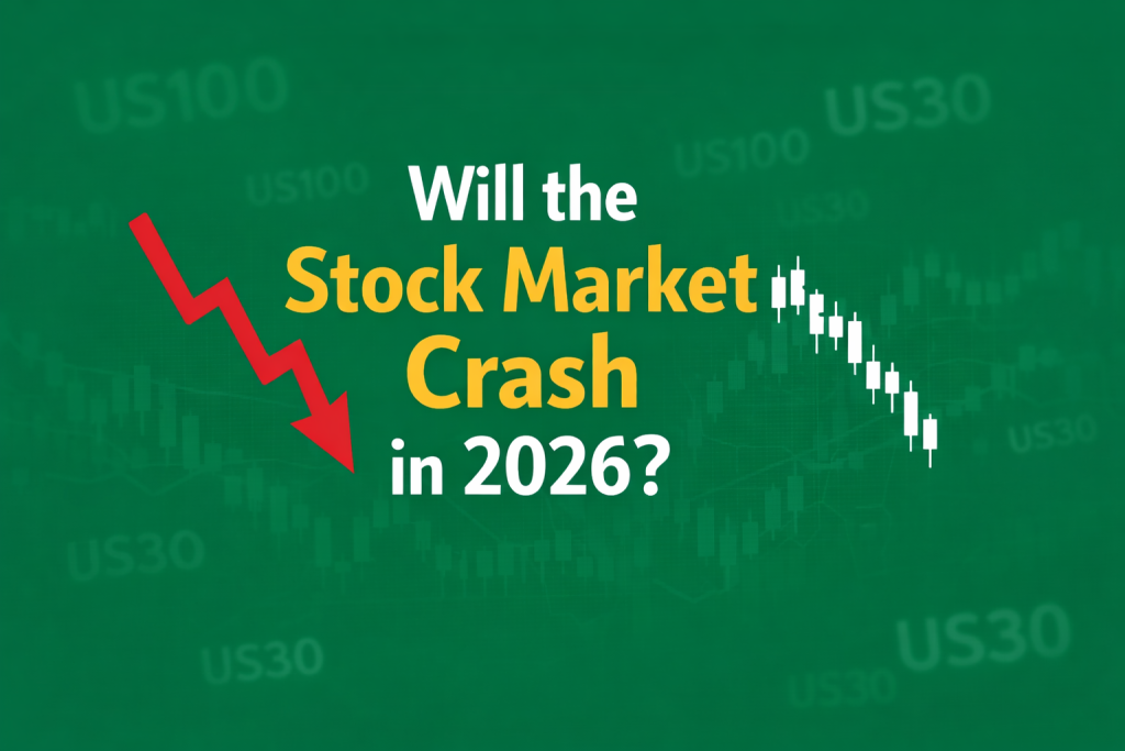 Next Stock Market Crash Prediction 2026 feature image with green background, bold text “Will the Stock Market Crash in 2026?”, red downward arrow, falling candlestick chart, and subtle US100 and US30 symbols in the background.
