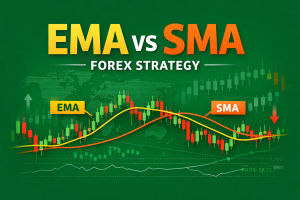 EMA vs SMA Forex Strategy illustration with green background, showing candlestick chart, EMA (yellow) and SMA (orange) moving average lines, trend arrows, and forex trading indicators.